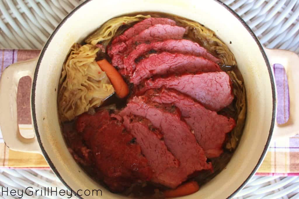 Corned beef and cabbage in a large stew pot.