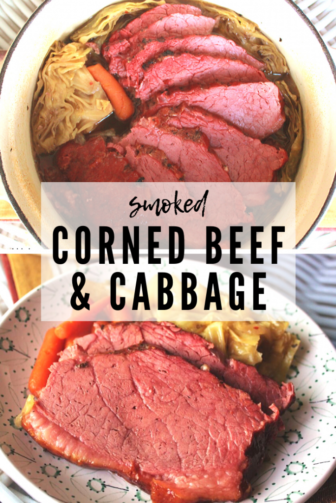 Collage of two photos of Smoked Corned beef in serving trays. Text overlay reads, "Smoked Corned Beef and Cabbage."