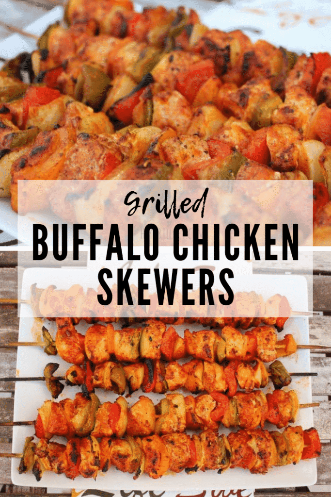 2 picture collage of finished buffalo chicken skewers that include sliced green peppers and sections of onion. Text overlay: Grilled Buffalo Chicken Skewers.