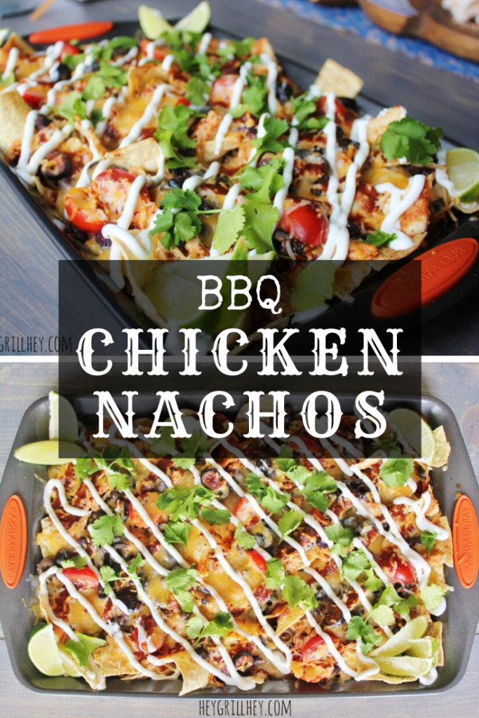 Collage of BBQ chicken nachos topped with cheese, black olives, tomatoes, sour cream, and cilantro on a rimmed baking sheet with text overlay: "BBQ Chicken Nachos."