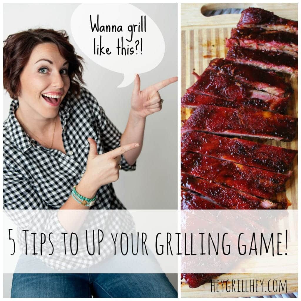 Susie Bulloch performing finger guns as she points to a photo of sliced ribs with a text overlay that says "5 Tips to Up Your Grilling Game!"