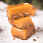 Three cayenne caramels in a stack.