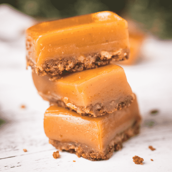 Three BBQ cayenne caramel dessert treats in a stack.