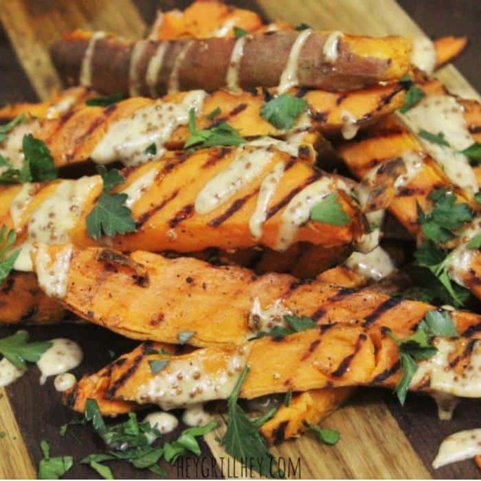 grilled sweet potato fries drizzled in honey mustard sauce
