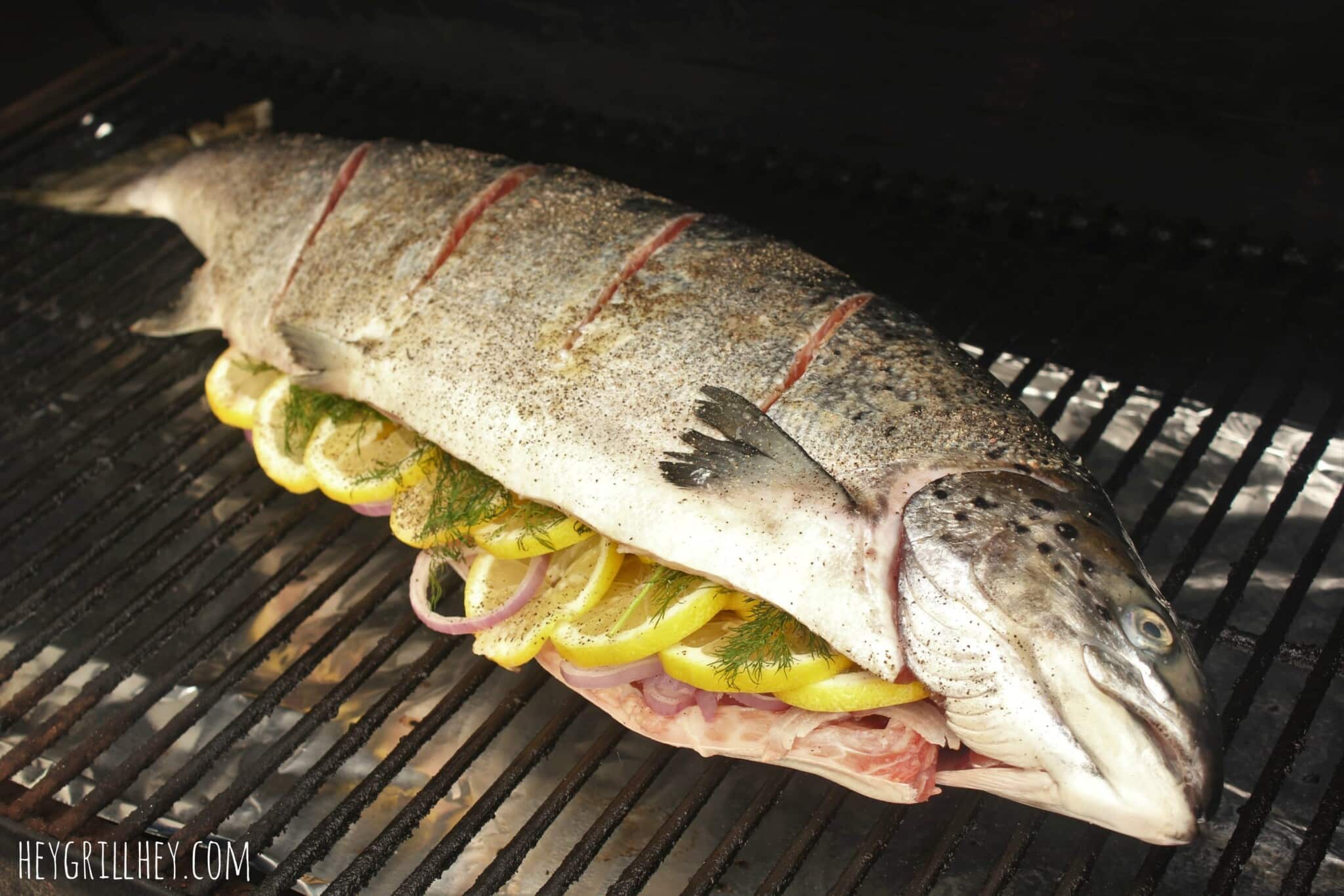 Grilled Whole Salmon With Lemon And Shallots Hey Grill Hey