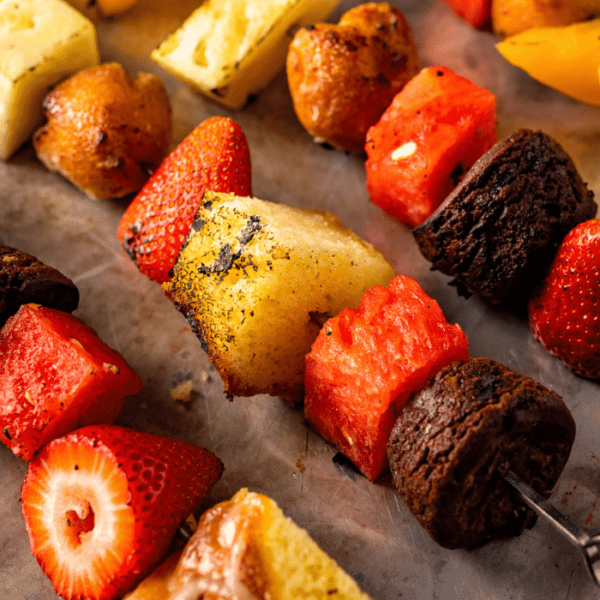 Grilled fruit and dessert on skewers.