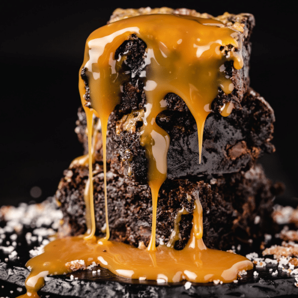 Stack of smoked brownies with caramel drizzling down them.