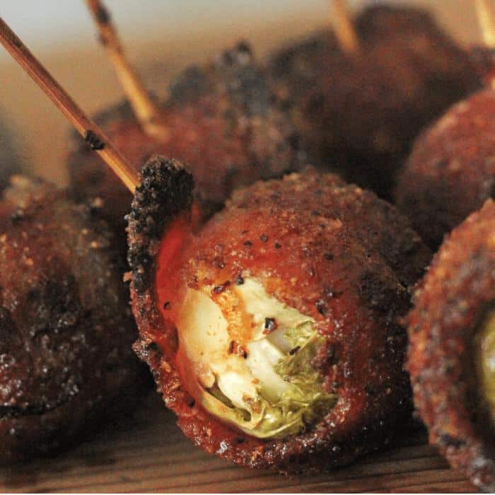 toothpicks in brown sugar bacon wrapped brussels sprouts