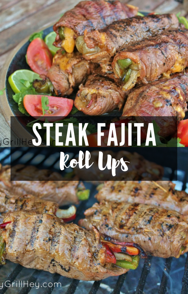A collage of two images of steak fajita roll ups. The top image is steak fajita roll ups with tomatoes, limes, and cilantrios on a plate, the second is the fajita roll ups cooking on the grill.