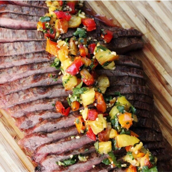himalayan salted flank steak with grilled pineapple salsa
