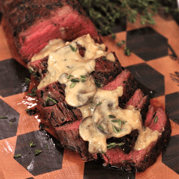 Smoked Beef Tenderloin with White Wine Mushroom Gravy