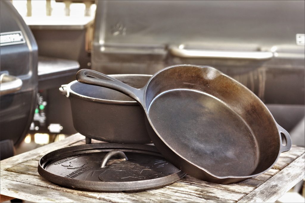 Cast Iron pans on a table.
