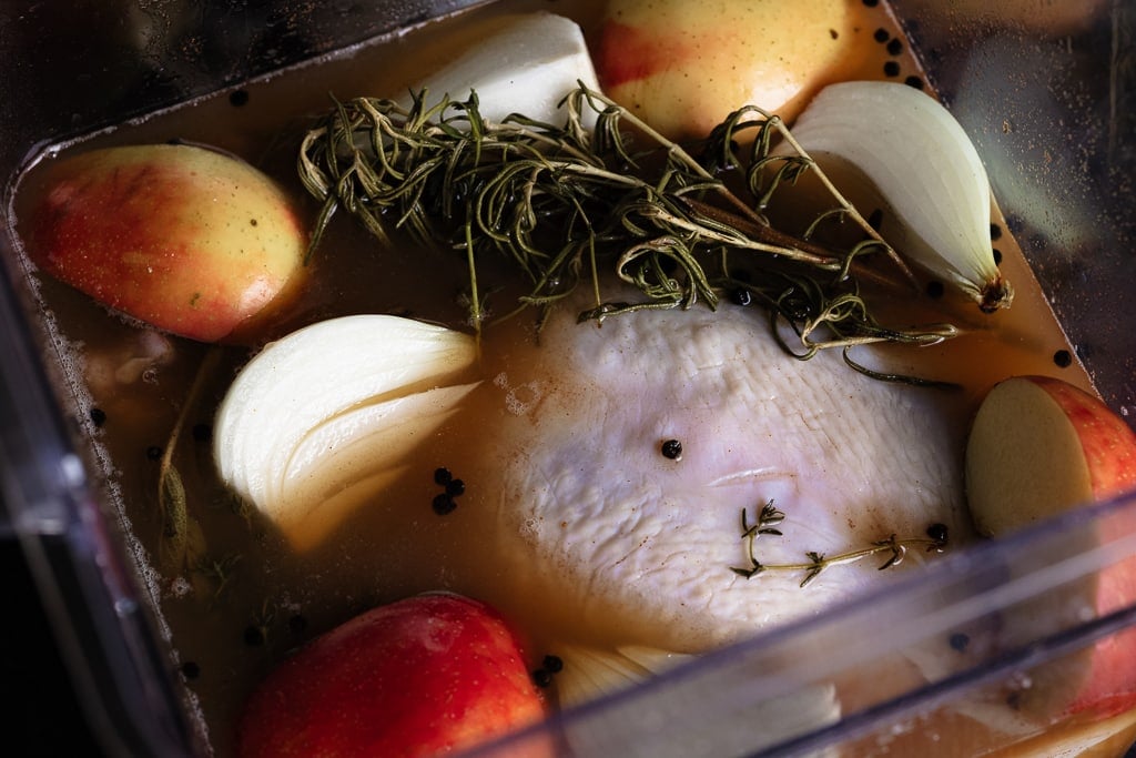 Turkey in apple spice brine liquid with apple slices, onion slices, and fresh herbs.