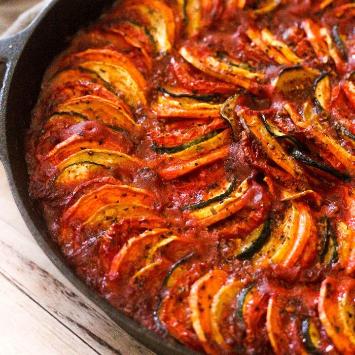 grilled ratatouille in a cast iron skillet