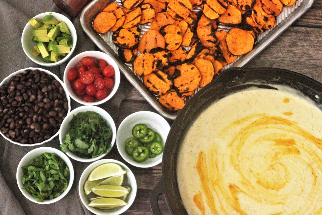 sweet potato nachos recipe with all the ingredients portioned out in to separate small bowls.