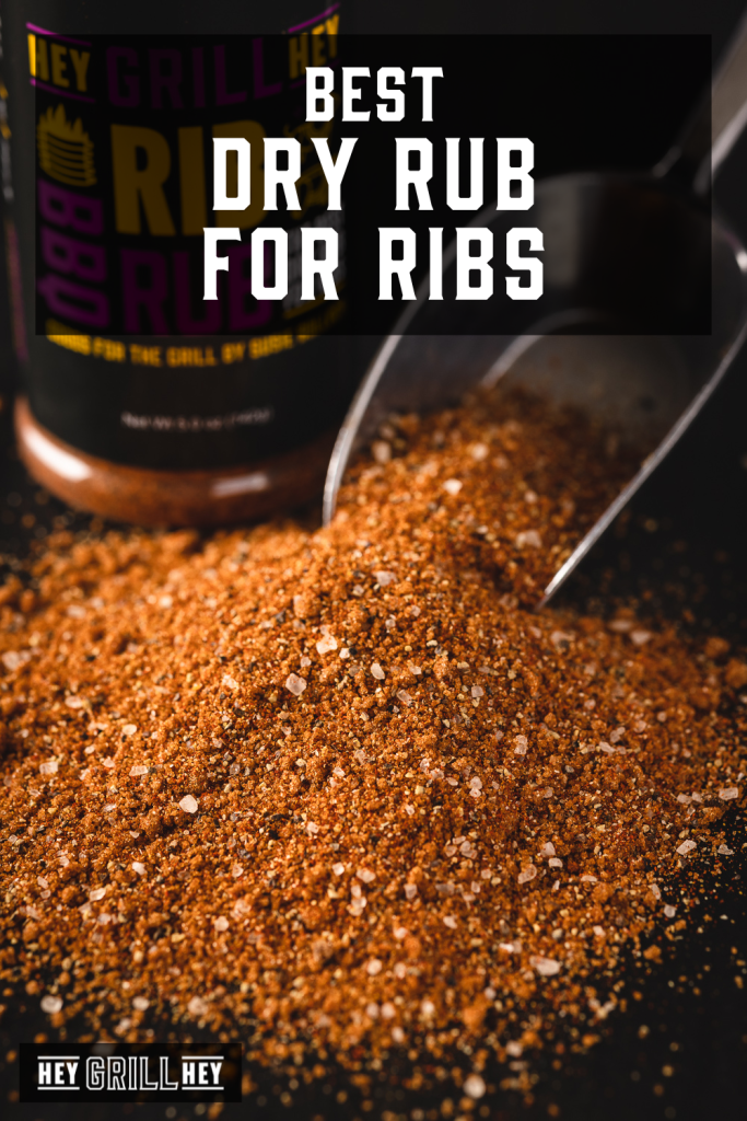 Rib rub spilling out of a metal scoop with text overlay - Best Dry Rub for Ribs.