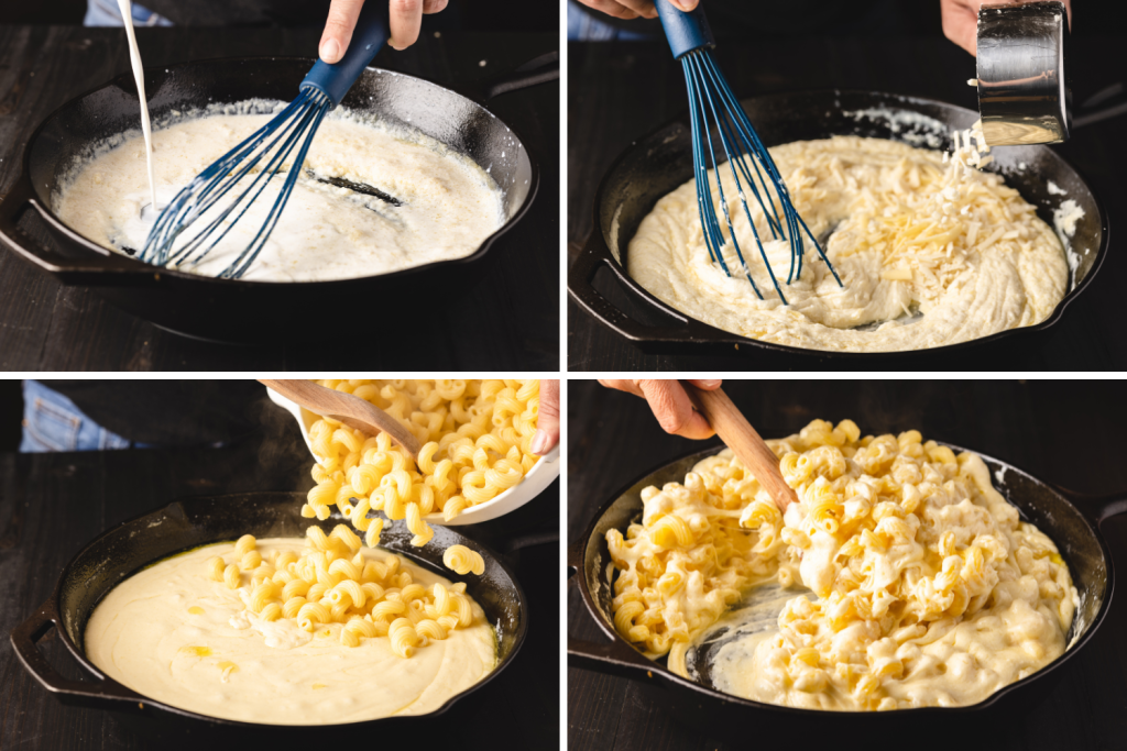 Four image collage of making mac and cheese in a cast iron skillet.