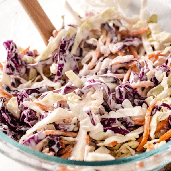 Homemade coleslaw in a large bowl.