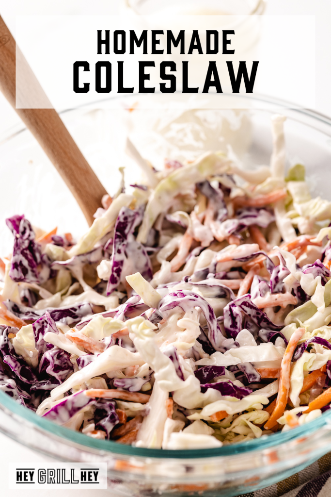 Homemade coleslaw for pulled pork in a large bowl with text overlay - Homemade Coleslaw.
