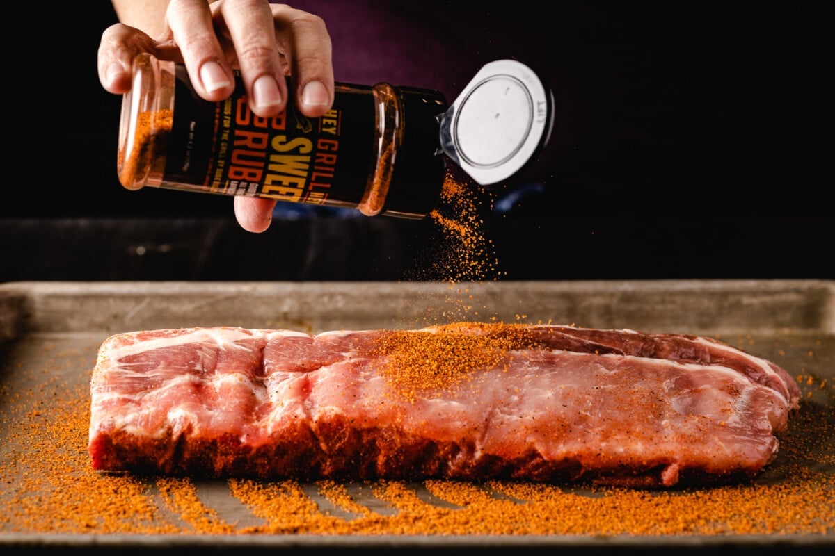 The rear ribs are seasoned with Hey Grill Hey Sweet Rub.