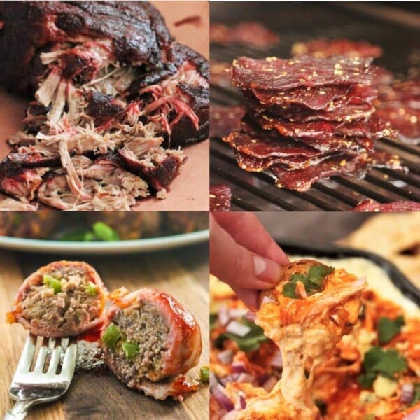 collage of pulled pork, teriyaki beef jerky, jalapeno meatballs, and buffalo dip