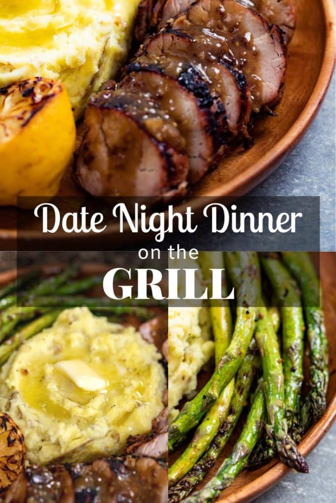 grilled pork tenderloin, smoked mashed potatoes, and grilled asparagus in a picture collage