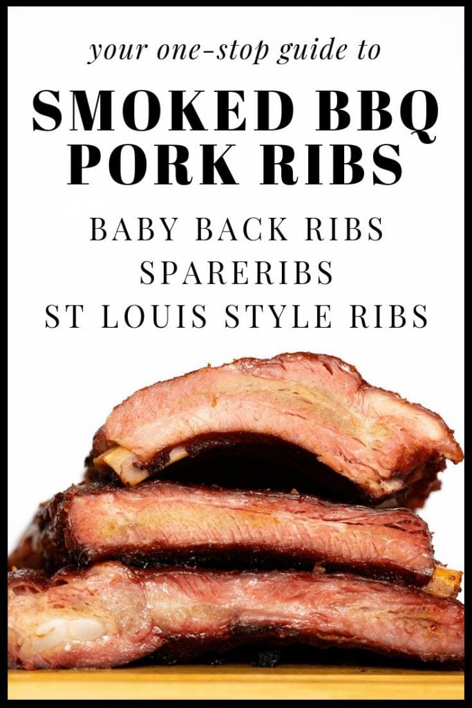 three racks of smoked pork ribs stacked on a cutting board with infographic text