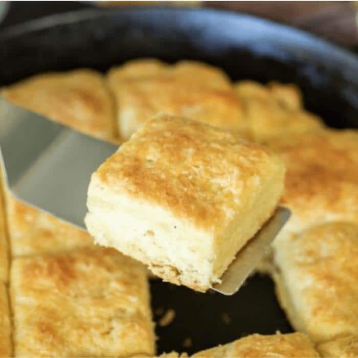 square cut biscuits in a cast iron skillet. 