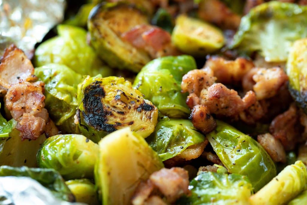 Close up of Grilled Brussels Sprouts with Bacon.