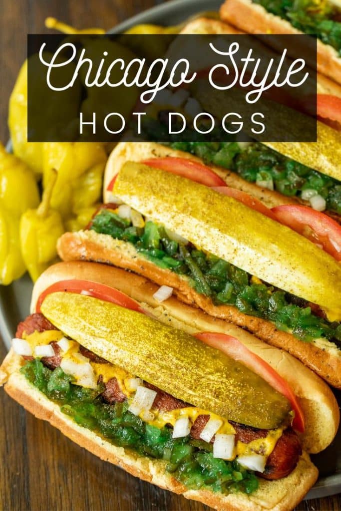 chicago style hot dogs on a plate.