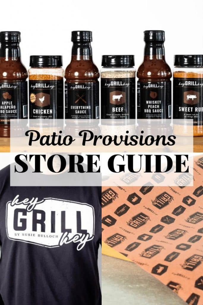 collage of 6 signature rubs and sauces, Hey Grill Hey logo black t-shirt and Hey Grill Hey branded peach butcher paper