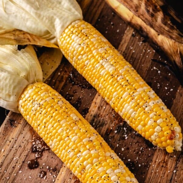 Corn with husks still attached on a wood cutting board.