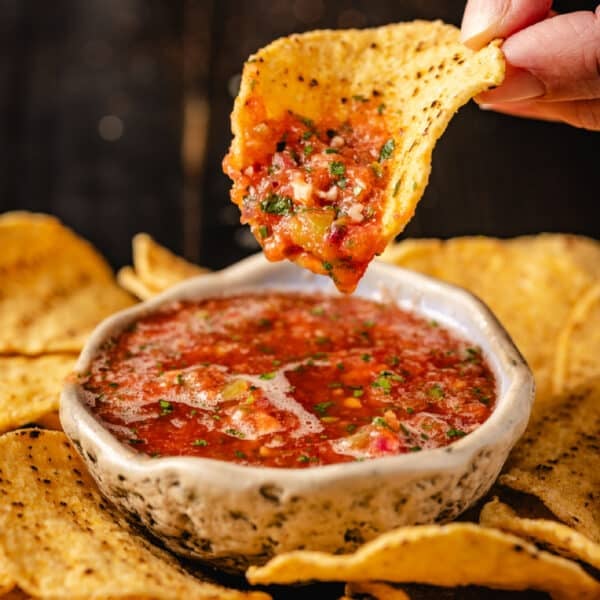 A hand dipping a tortilla chip into a bowl of salsa.
