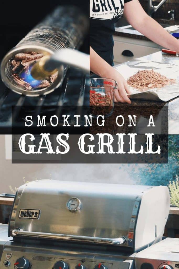 collage of smoking on a gas grill with smoke tube pellet and wood chip pouch