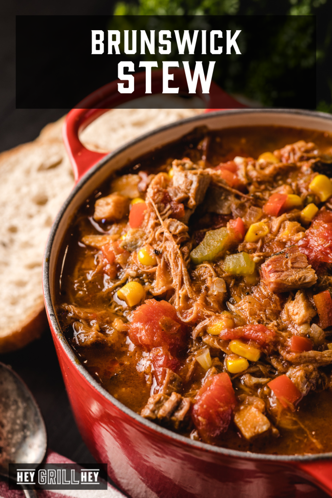 Brunswick stew in a large Dutch oven with text overlay - Brunswick Stew.