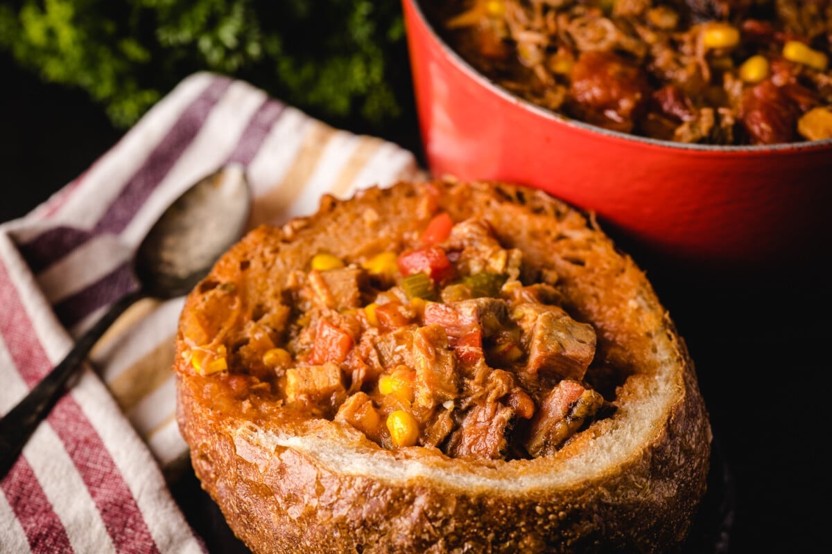 Brunswick stew in a bread bowl.