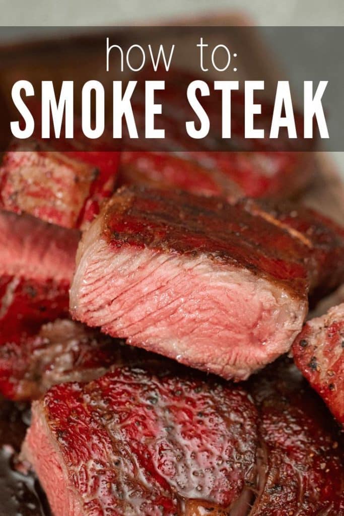 Sliced Smoked Steak in a pile on a wood cutting board, text overlay reads, "How to: Smoke Steak."