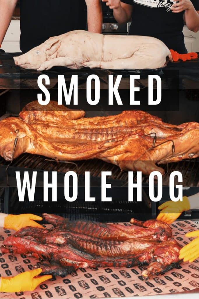 A collage of three photos of a whole pig in various stages of being cooked. Text overlay reads "Smoked Whole Hog."