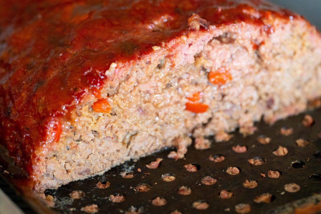close up view of the meat loaf sliced open.