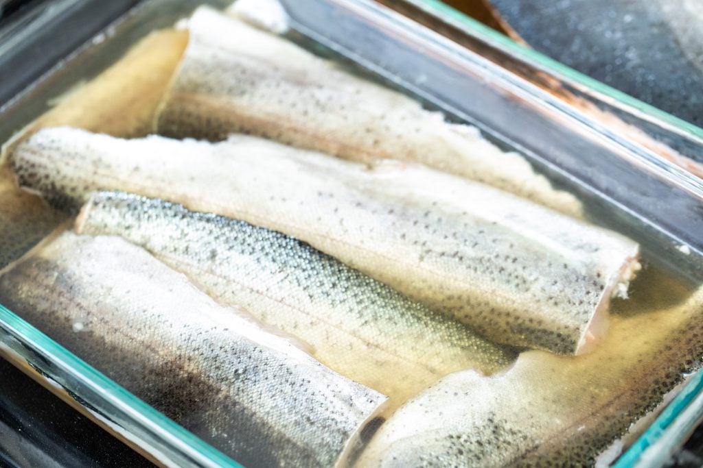 6 trout filets in a glass dish in a brining liquid.