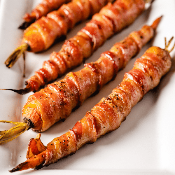 Bacon wrapped carrots on a white serving platter.