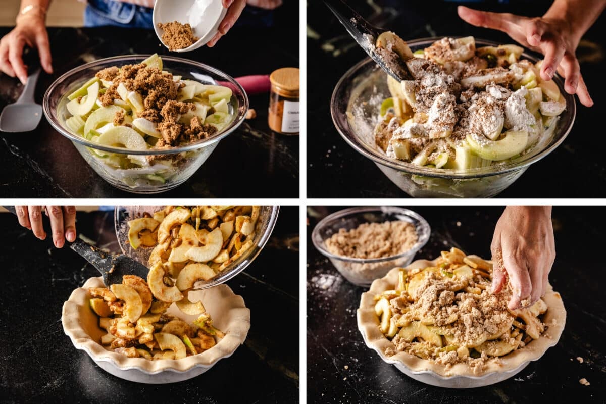 A collage showing the steps for adding apple filling to a pie crust.