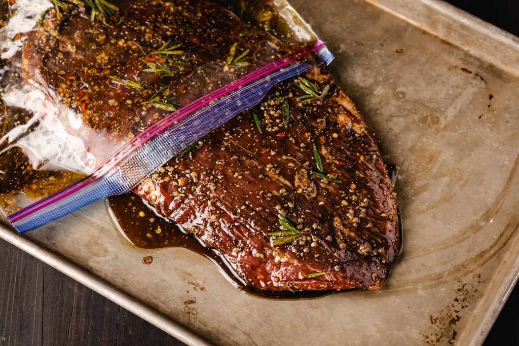 Flank steak in a marinade.