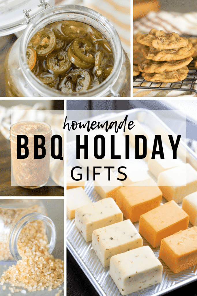 Five-image collage of homemade BBQ gifts, including candied jalapenos, smoked salsa, smoked salt, smoked chocolate chip cookies, and smoked cheese.