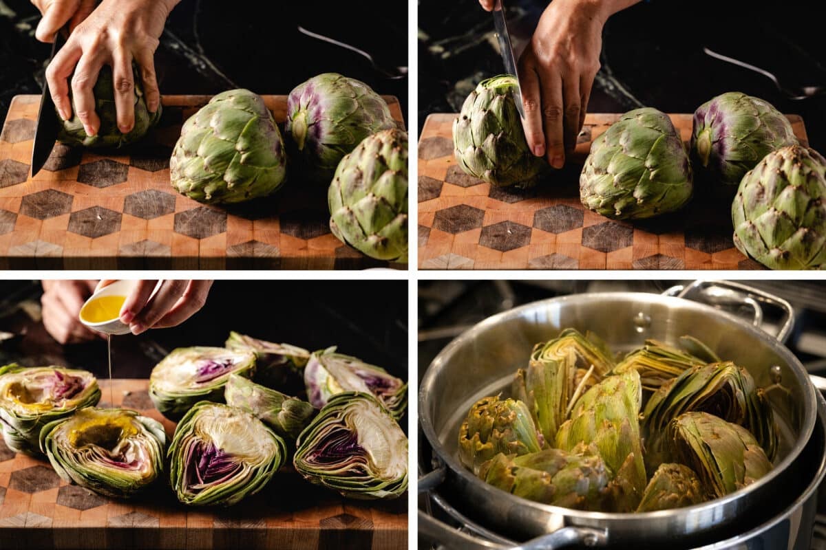 A collage showing the various steps for slicing and halving artichokes for steaming.