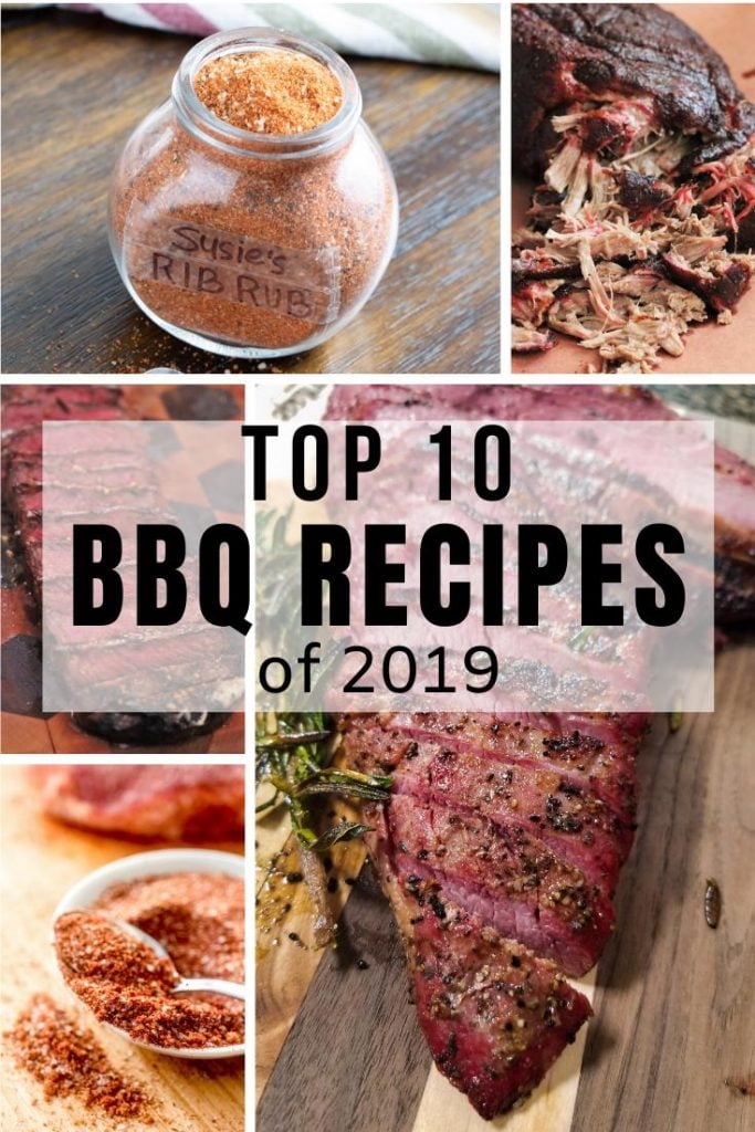 collage of 5 of the top 10 recipes of 2019, including rib rub, new york strip steak, and pulled pork