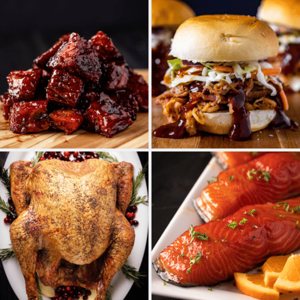 Collage of the best meats to smoke, including pulled pork, chicken, and salmon.