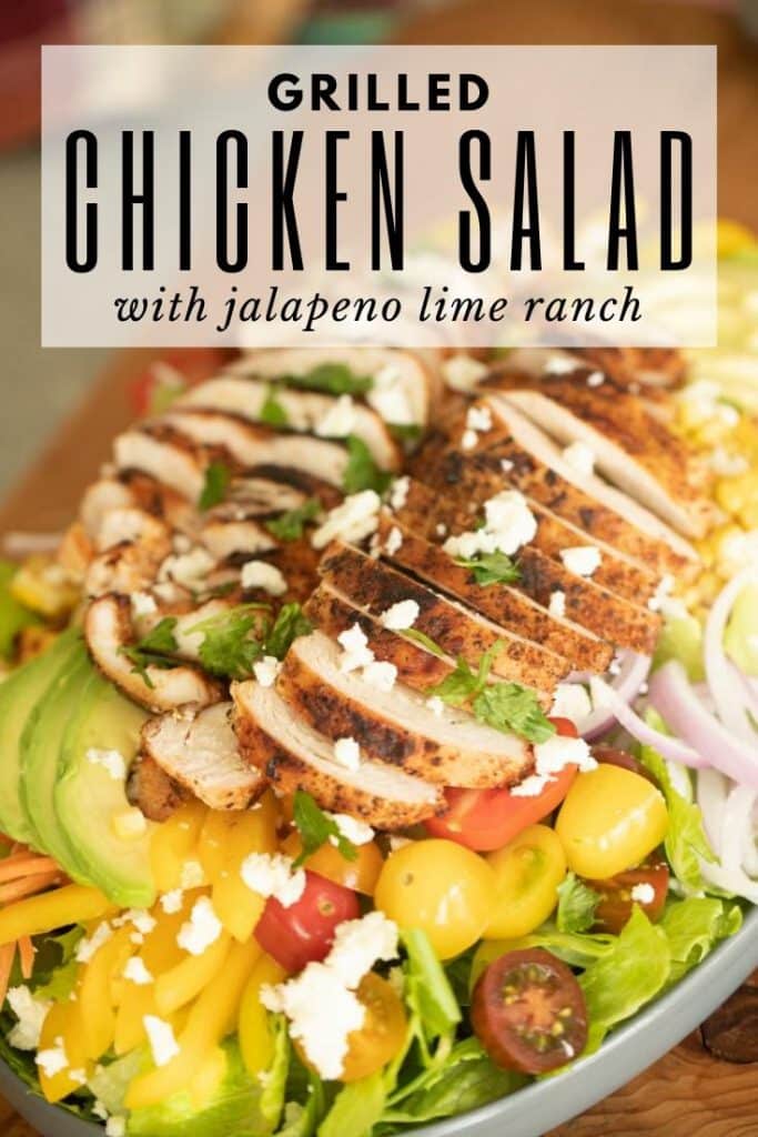grilled chicken salad on a large serving dish with avocado, tomato, peppers, onions, and lettuce.