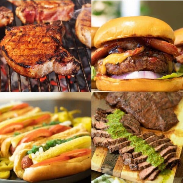 Four-image collage of grilled pork chops, all american grilled burgers, Chicago hot dogs, and grilled flap steak.
