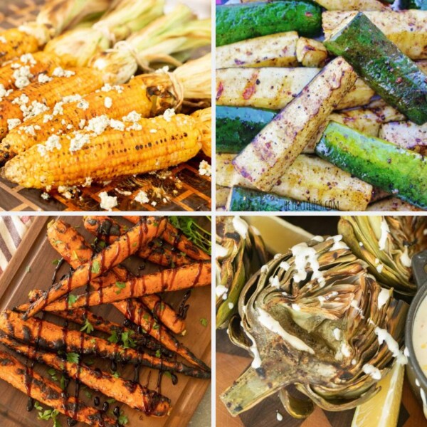 Four-image collage of grilled corn, zucchini, carrots, and artichokes.